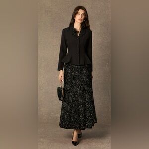 Compelling Style Black Flare Hem Jacket & Floral Embroidery Skirt Set